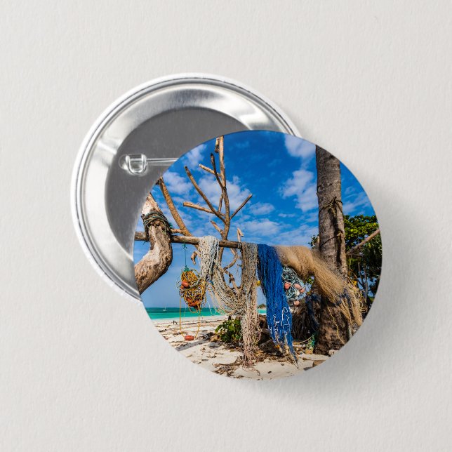 Fishing nets drying on the beach button (Front & Back)