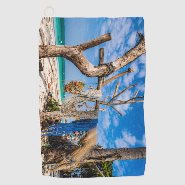 Fishing nets drying on the beach golf towel (Front)