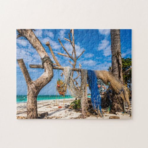 Fishing nets drying on the beach jigsaw puzzle