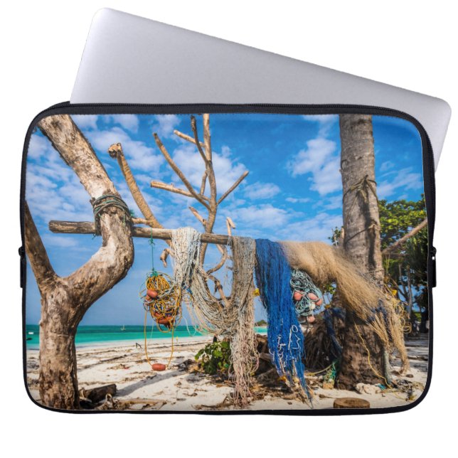 Fishing nets drying on the beach laptop sleeve (Front)