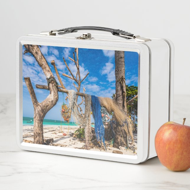 Fishing nets drying on the beach metal lunch box (In Situ)