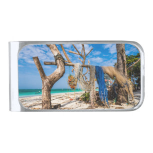 Fishing nets drying on the beach silver finish money clip