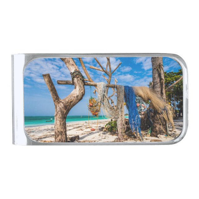 Fishing nets drying on the beach silver finish money clip (Front)