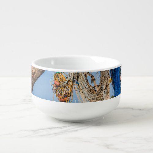 Fishing nets drying on the beach soup mug