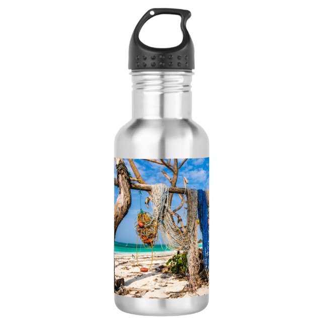 Fishing nets drying on the beach stainless steel water bottle (Front)