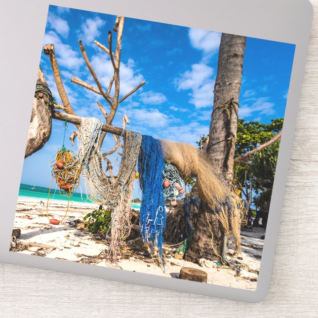 Fishing nets drying on the beach sticker (Detail)