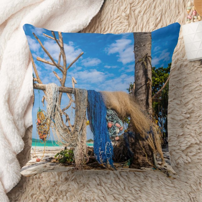 Fishing nets drying on the beach throw pillow (Blanket)