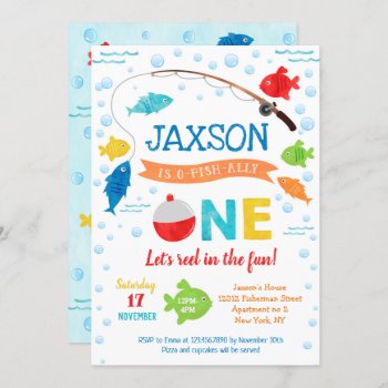 Fishing O-fish-ally 1st First Birthday Invitations by SugarPlumPaperie at Zazzle