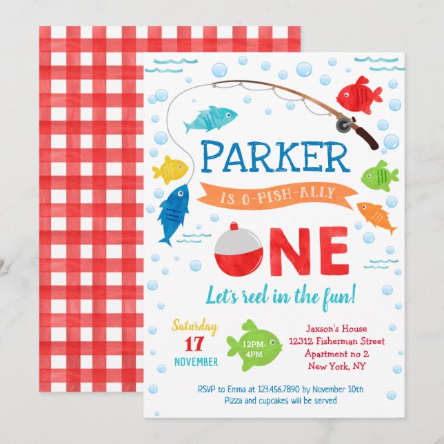 Fishing O-fish-ally ONE 1st Birthday Invitations (Front/Back)