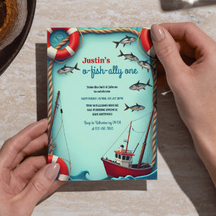 Fishing O-Fish-ally One Boys 1st Birthday Party Invitation