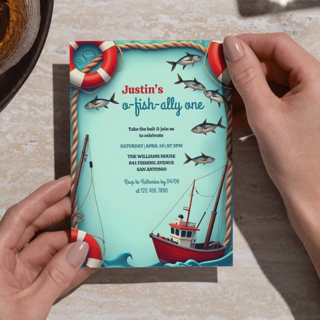 Fishing O-Fish-ally One Boys 1st Birthday Party Invitation (O-Fish-ally One First Birthday Party Invitation – Fishing Theme for Boys)