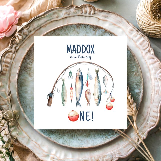 Fishing O-Fish-Ally The Big One Blue Boy Birthday  Napkins (Creator Uploaded)