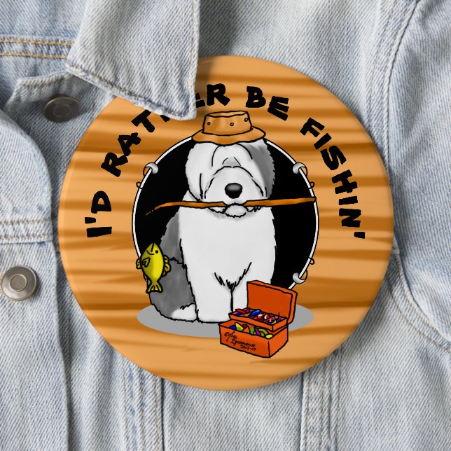 Fishing Old English Sheepdog Dog (Gray 1) Cute Button (In Situ)