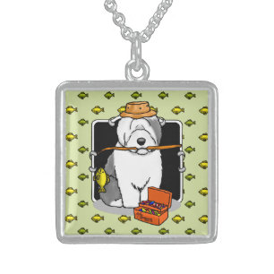 Fishing Old English Sheepdog Dog (Gray 1) Cute Sterling Silver Necklace