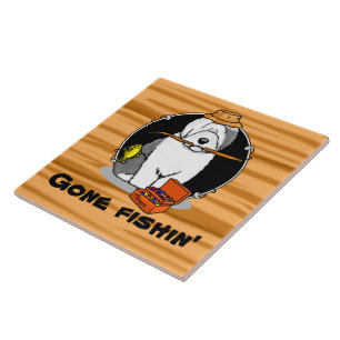 Fishing Old English Sheepdog (Gray 1) Cute Funny Ceramic Tile