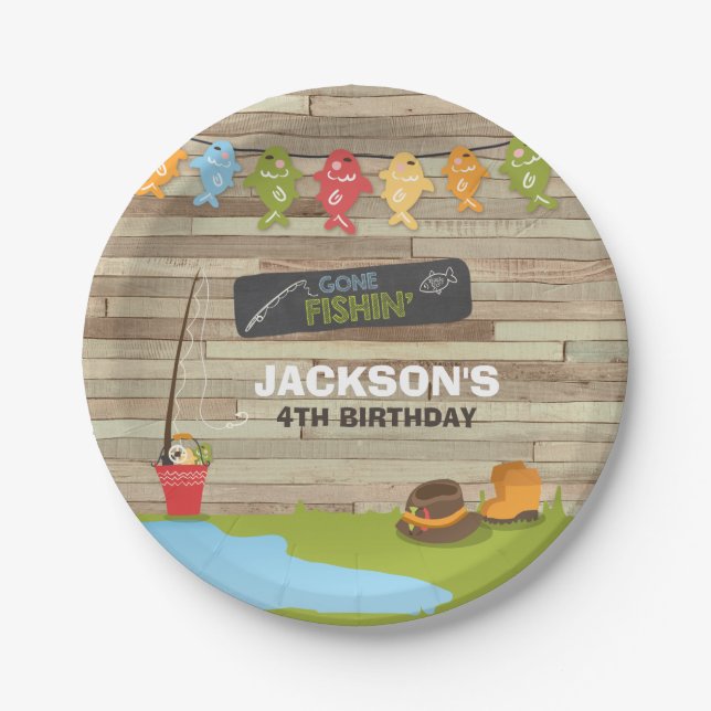 Fishing Paper Plates Boy Birthday Big one Reeling (Front)