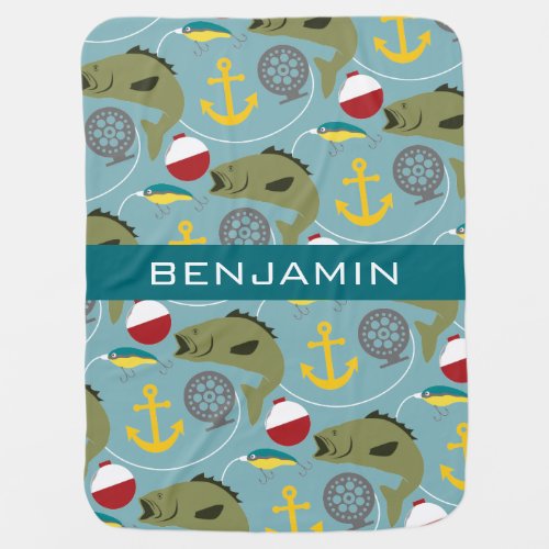 Fishing Pattern with Custom Name Stroller Blanket