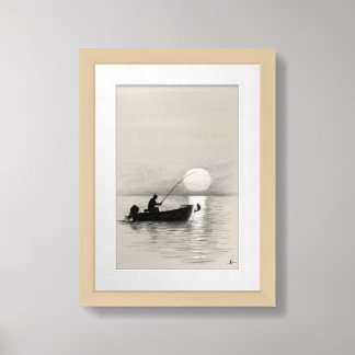 Fishing Pencil Drawing - Vintage Black and White  Framed Art