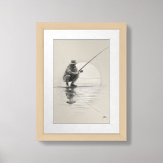 Fishing Pencil Drawing - Vintage Black and White M Framed Art