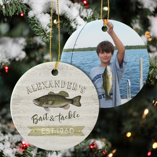 Fishing Photo Personalized Bait and Tackle Holiday Ceramic Ornament