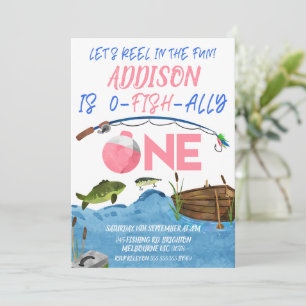 Fishing Pink Reel In Fun Ofishally 1st Birthday Invitation