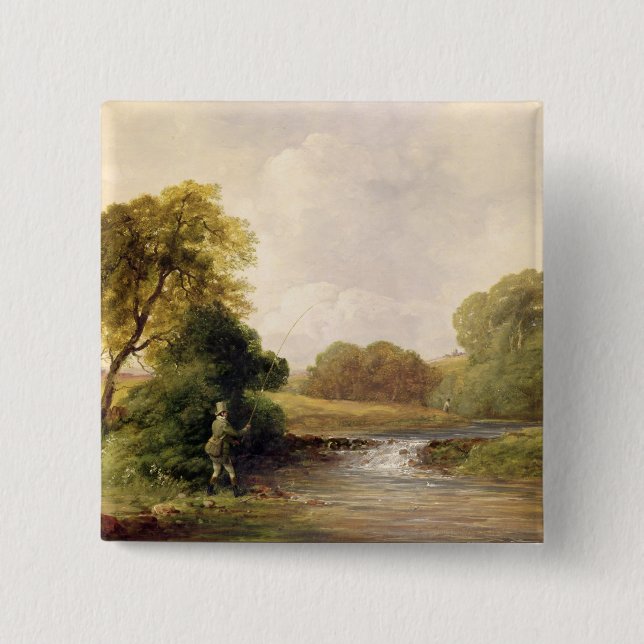 Fishing: Playing a Fish (oil on canvas) Button (Front)