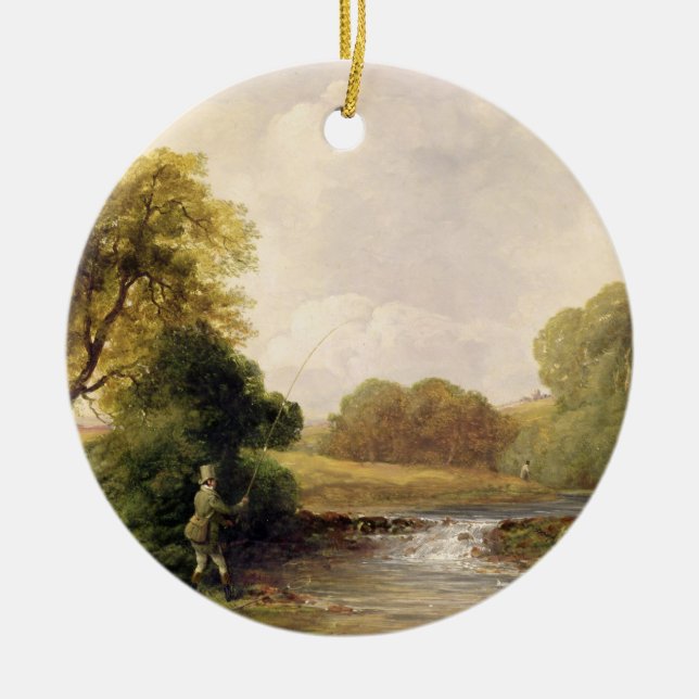 Fishing: Playing a Fish (oil on canvas) Ceramic Ornament (Front)