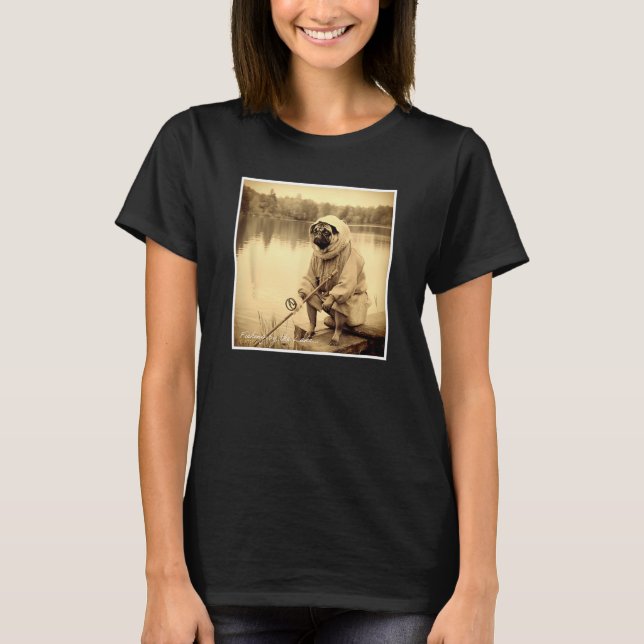 Fishing Pug by the Lake Cute T-Shirt (Front)