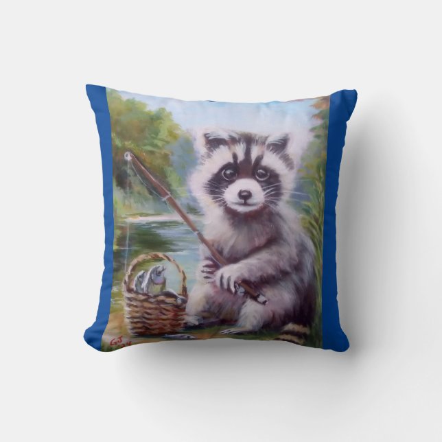 Fishing Raccoon fun throw pillow (Front)