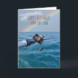 Fishing Reel and Rainbow Birthday Card<br><div class="desc">Salmon fishing reel over blue water with rainbow for Son-in-law birthday.
Text can be edited or deleted.</div>