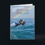 Fishing Reel and Rainbow Birthday Card<br><div class="desc">Salmon fishing reel over blue water with rainbow for Brother-in-law birthday.
Text can be edited or deleted.</div>
