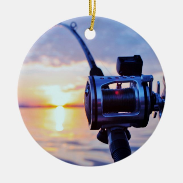 Fishing Reel at Sunset Ceramic Ornament (Front)
