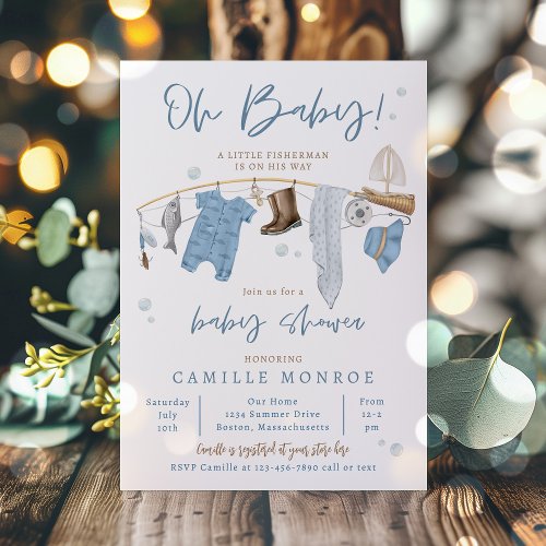 Fishing Reel Excited Boy Baby Shower Invitation