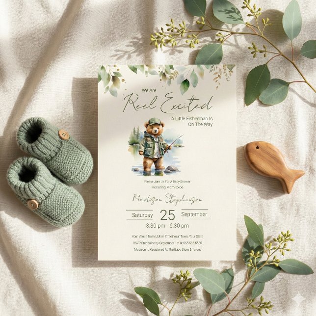 Fishing Reel Excited Boy Baby Shower QR Code  Invitation (Creator Uploaded)