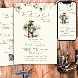 Fishing Reel Excited Boy Baby Shower QR Code Invitation
