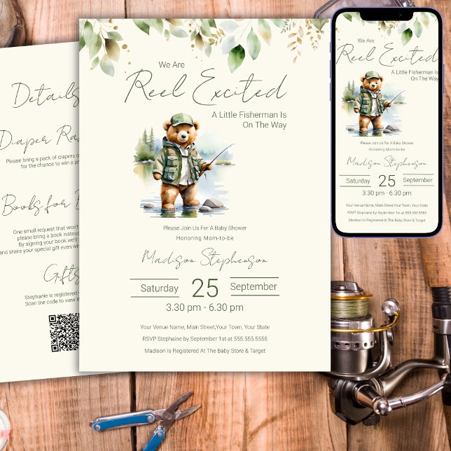 Fishing Reel Excited Boy Baby Shower QR Code  Invitation (Creator Uploaded)