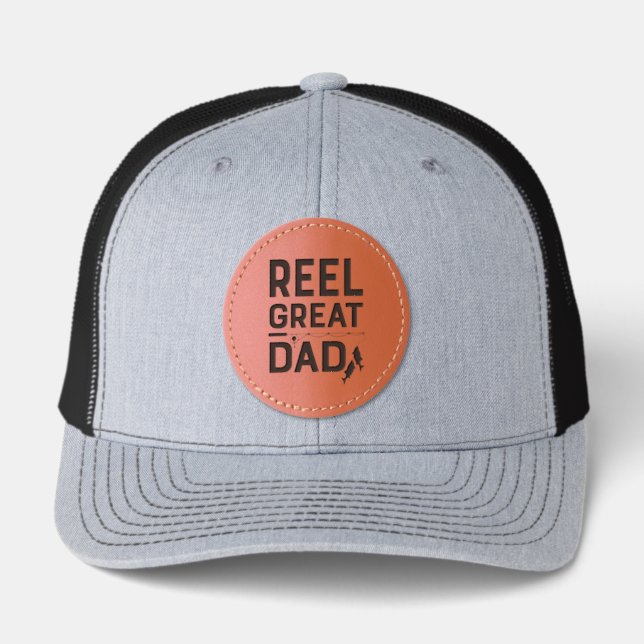  Fishing Reel Great Dad Leather Patch Hat (Front)