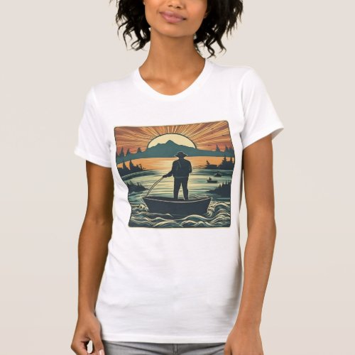 Fishing Retro Fishing Fish Sunset Boat T_Shirt