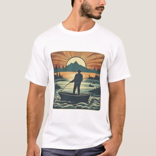 Fishing Retro Fishing Fish Sunset Boat T_Shirt