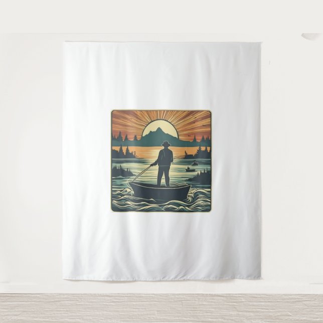 Fishing Retro Fishing Fish Sunset Boat Tapestry (Front)