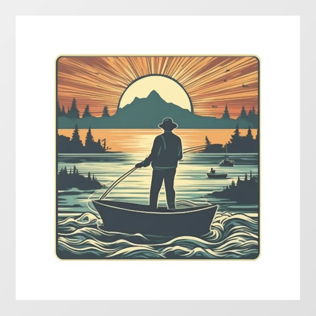 Fishing Retro Fishing Fish Sunset Boat Wall Decal (Front)