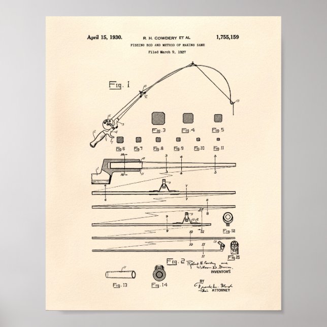 Fishing Rod 1930 Patent Art Old Peper Poster (Front)
