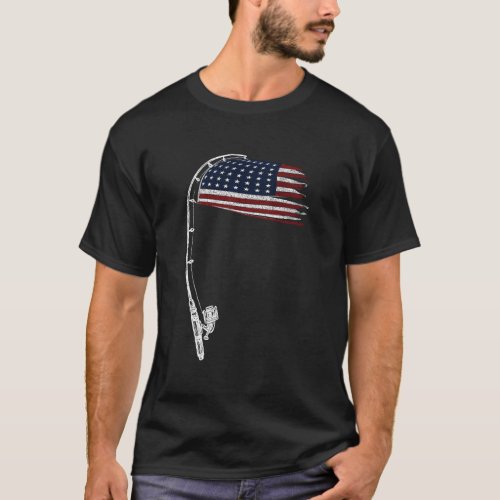 Fishing Rod American Flag Funny Outdoors Bass Fish T_Shirt