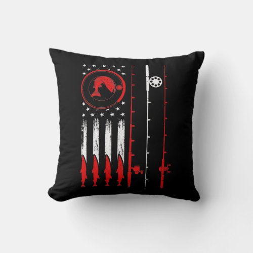 Fishing Rod American Flag Vintage Fishing gift Throw Pillow