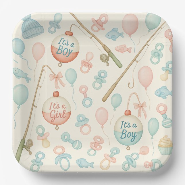 Fishing rod Baby reveal  for Fishing lovers  Paper Plates (Front)