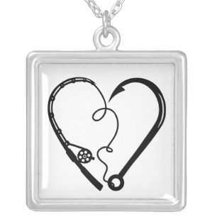 FISHING ROD HEART HOOK SILVER PLATED NECKLACE