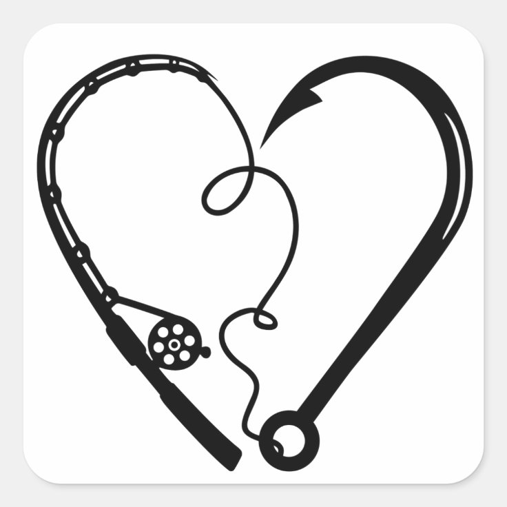 FISHING ROD HEART HOOK SQUARE STICKER Zazzle