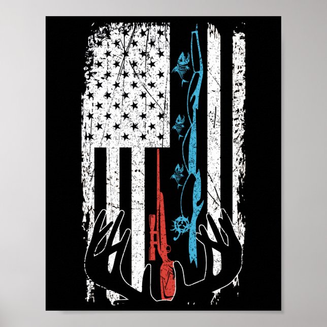 Fishing Rod Hunting Deer American Flag Poster (Front)