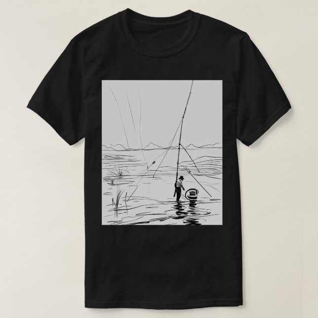 Fishing Rod Lake Casting Line Art Minimalist Angle T-Shirt (Design Front)