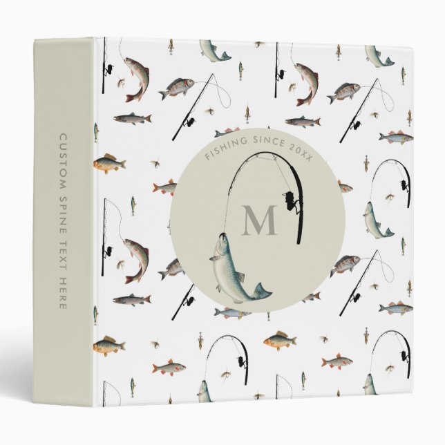 Fishing Rod & Reel Fish Theme Fisherman Monogram  3 Ring Binder (Front/Spine)